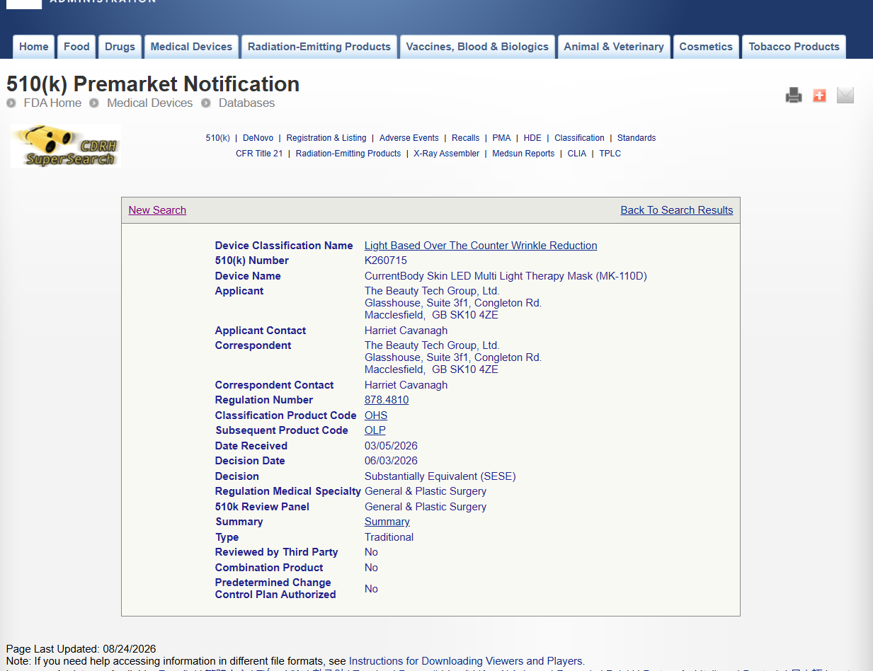 FDA clearance record K260715 showing the applicant and cleared models