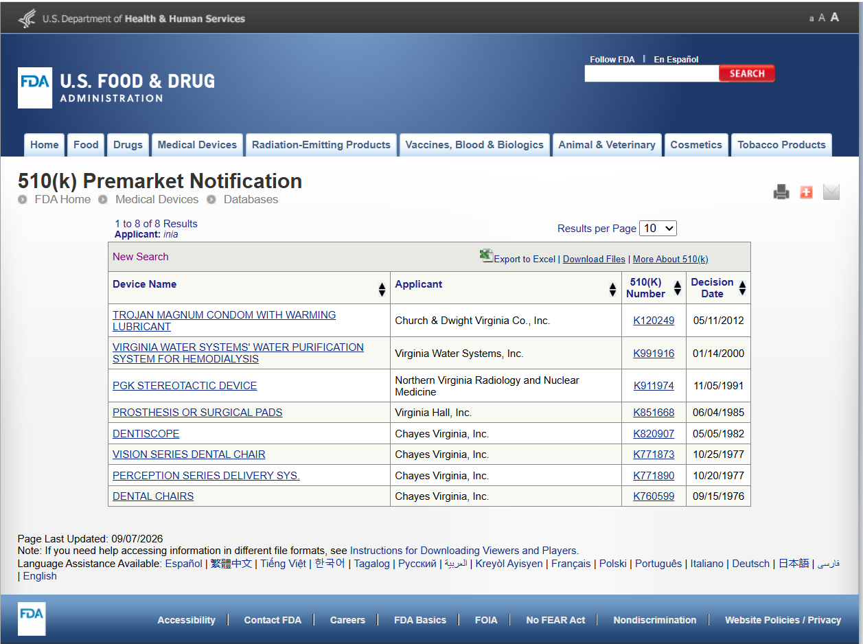 FDA applicant search for INIA returning unrelated Virginia companies