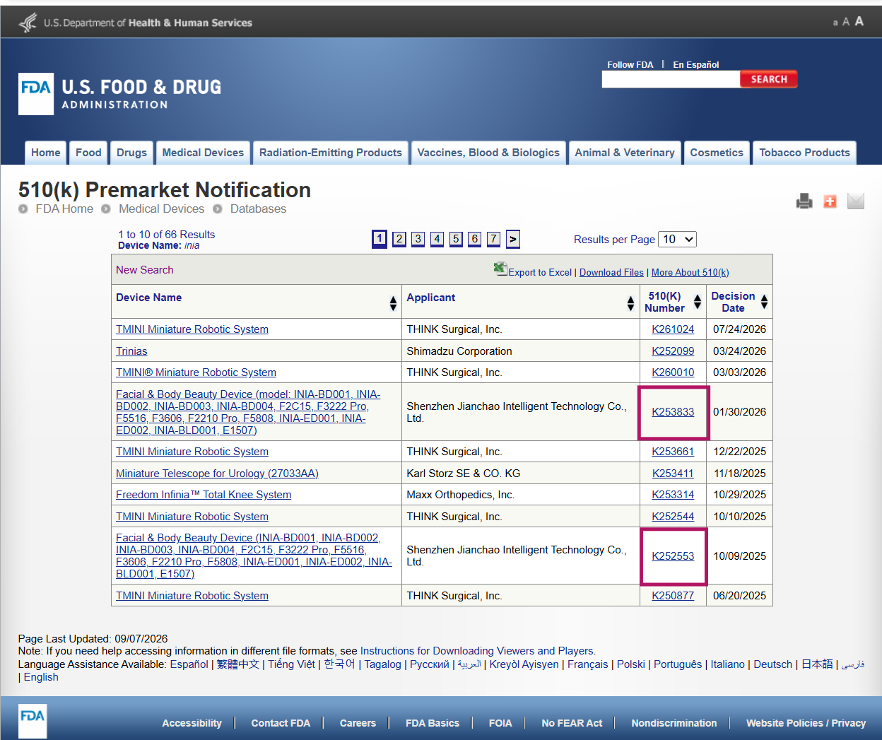 FDA device name search showing INIA model numbers under two clearances