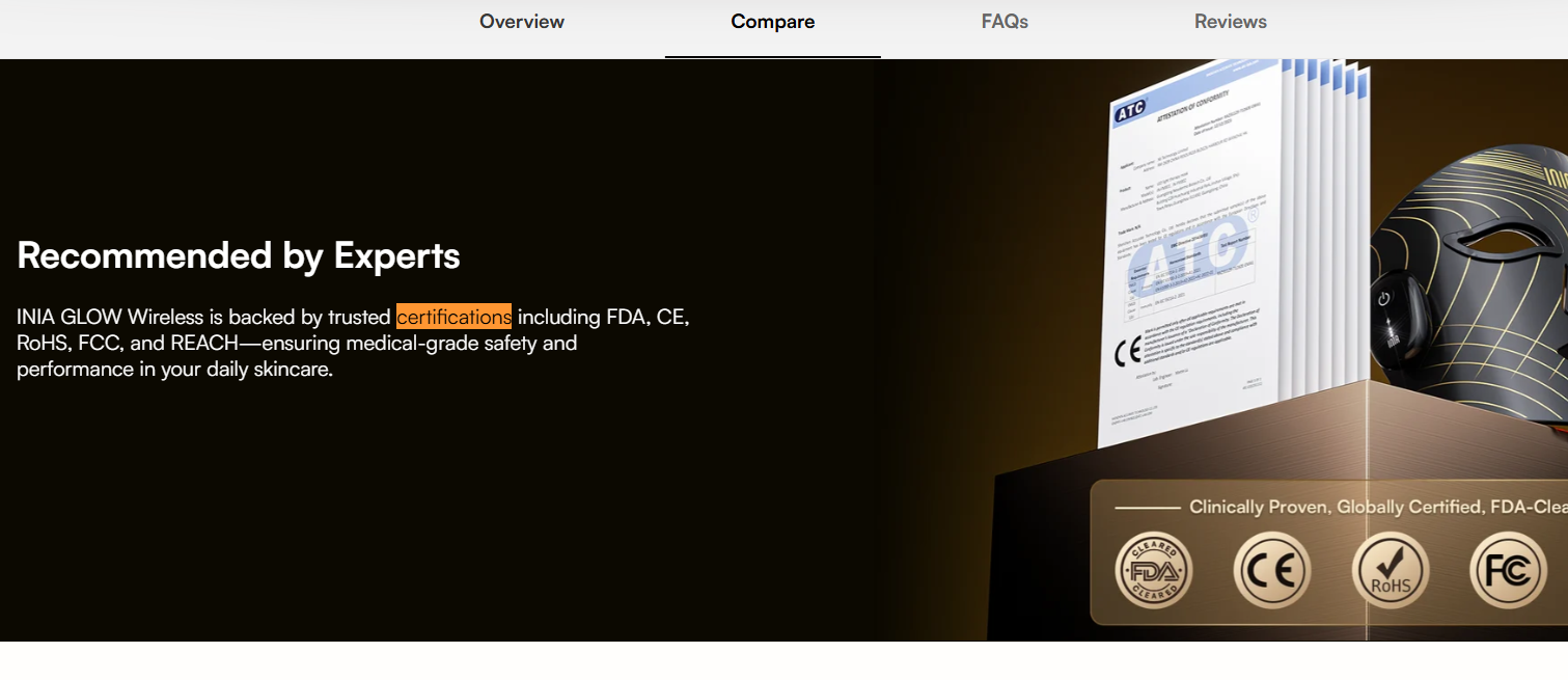 INIA product page listing FDA among its certifications
