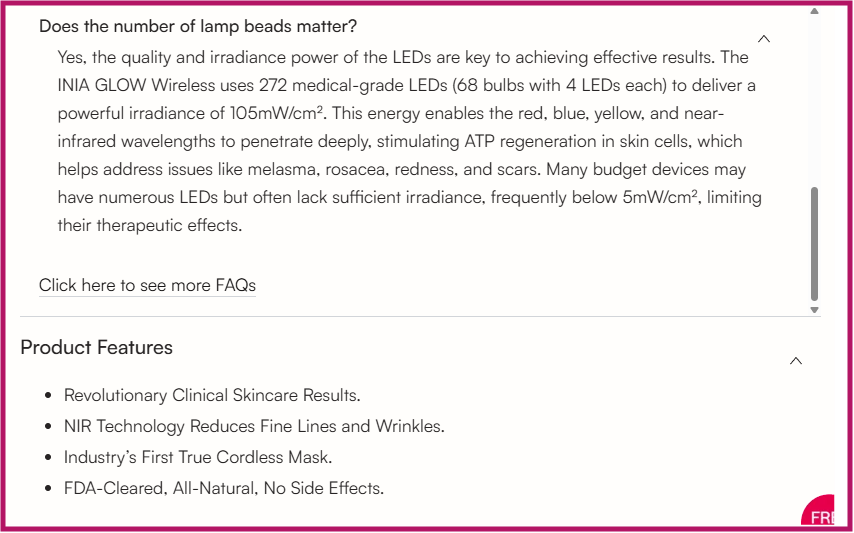 INIA specification stating 272 LEDs and 105 mW per square centimetre