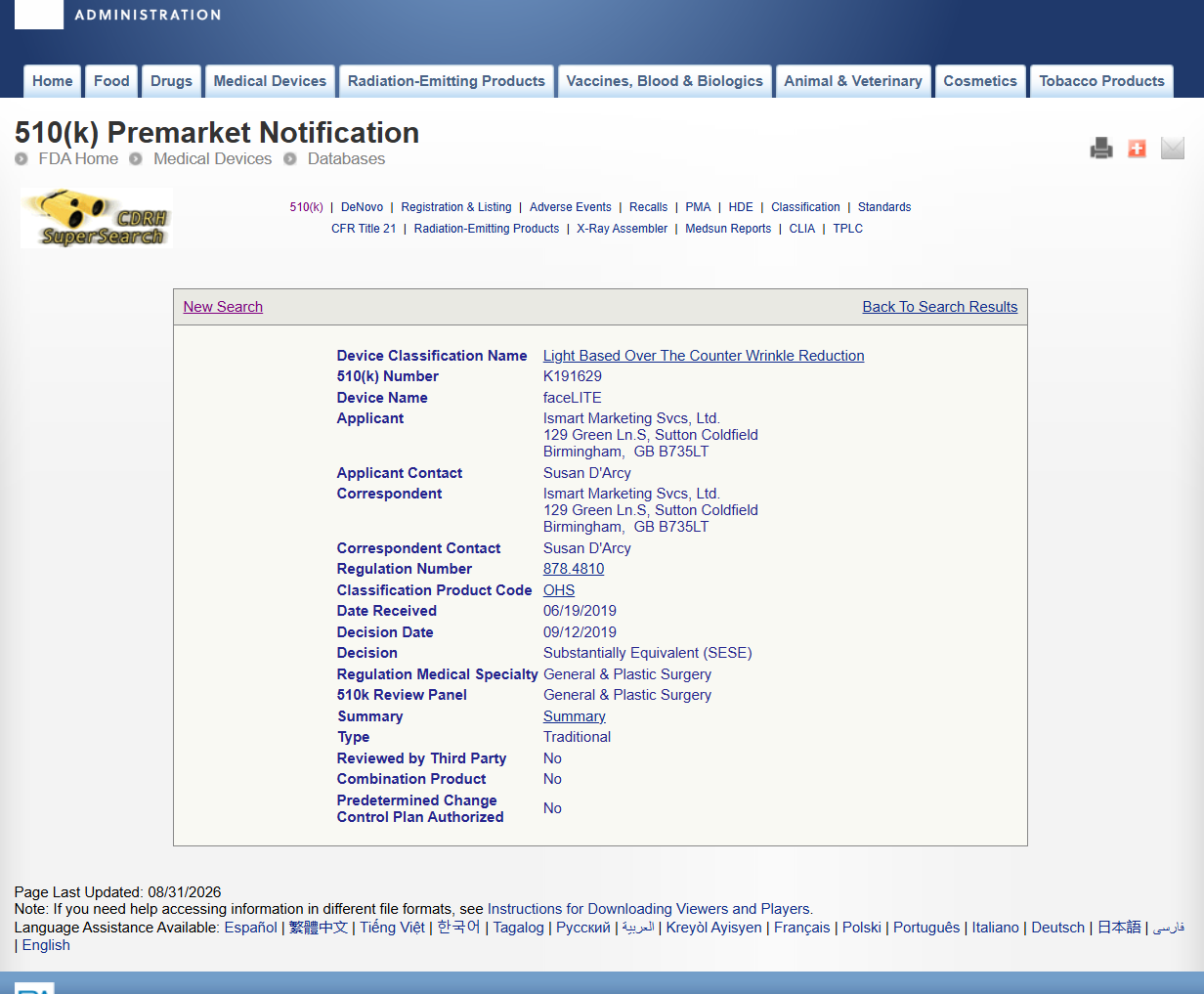 FDA record K191629 listing the device as faceLITE