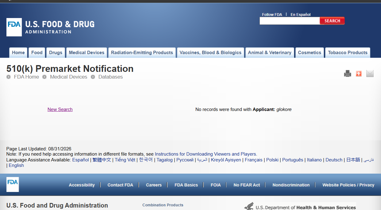 FDA applicant name search returning no records for Glokore